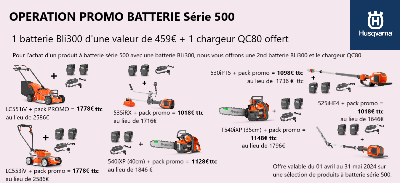 1 batterie BLi300 et 1 chargeur QC80 offerts pour l'achat d'un produit à batterie Husqvarna série500 et d'une batterie BLi300